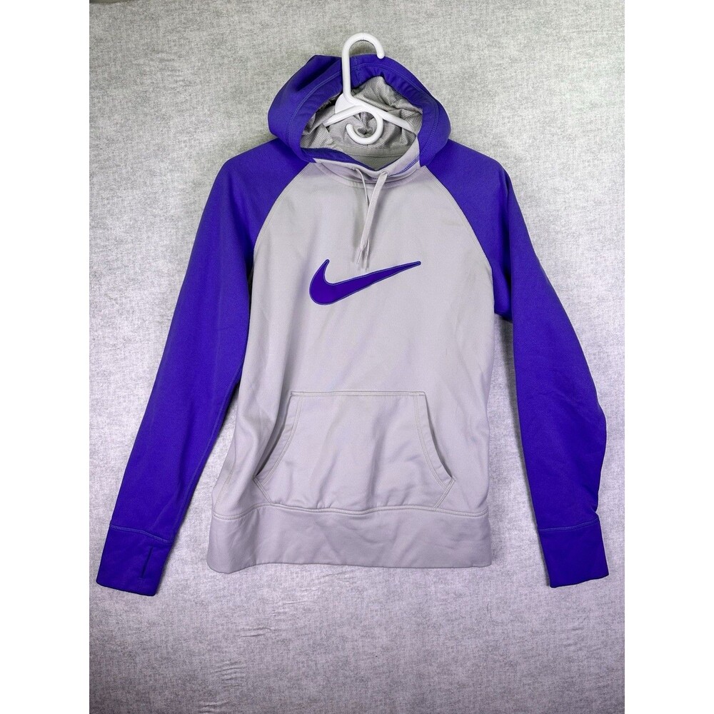 Nike Therma Fit Hoodie Womens Medium Gray Purple Swoosh Pullover Sweatshirt